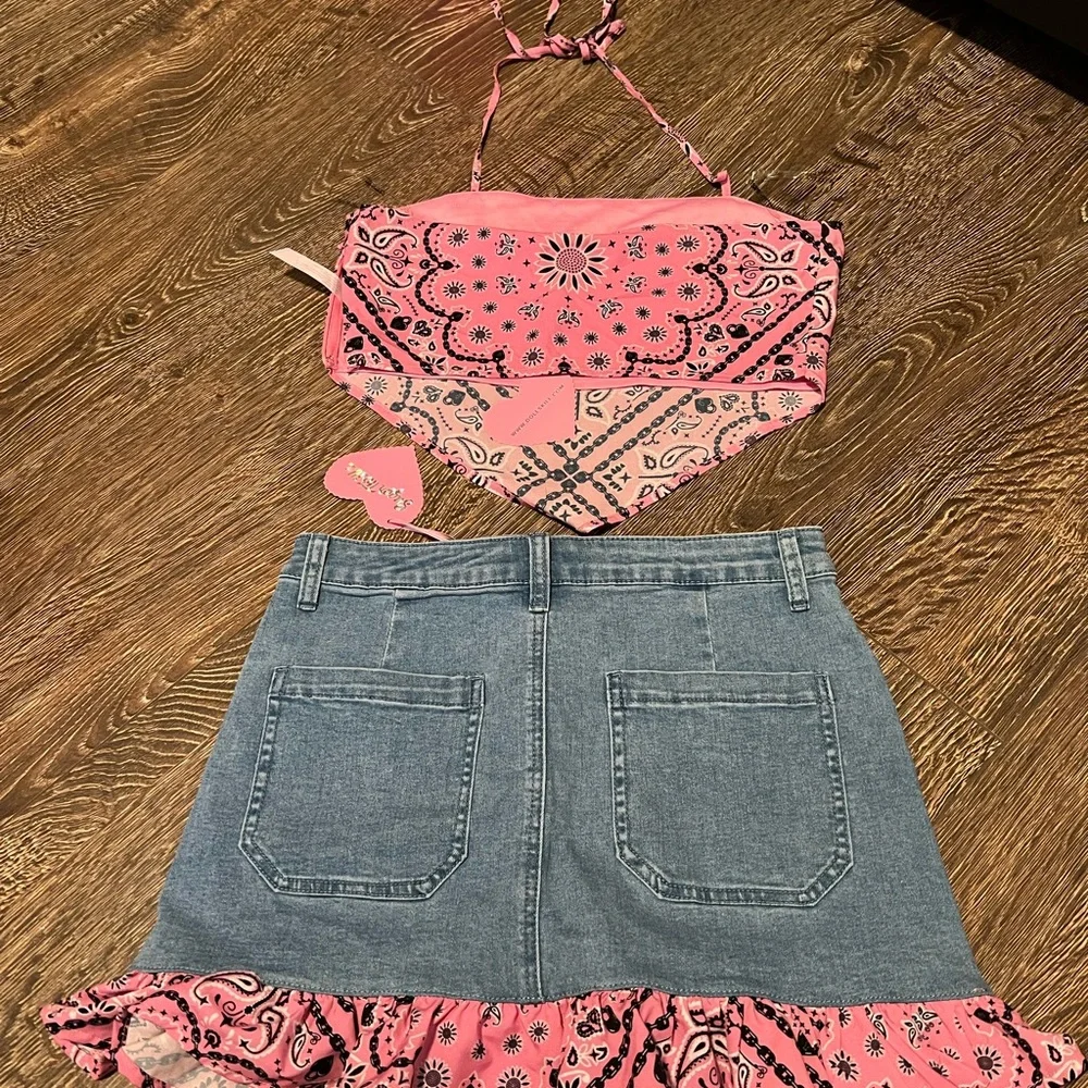Sugar Thrillz Pink Bandana Halter Top and Denim Skirt Set